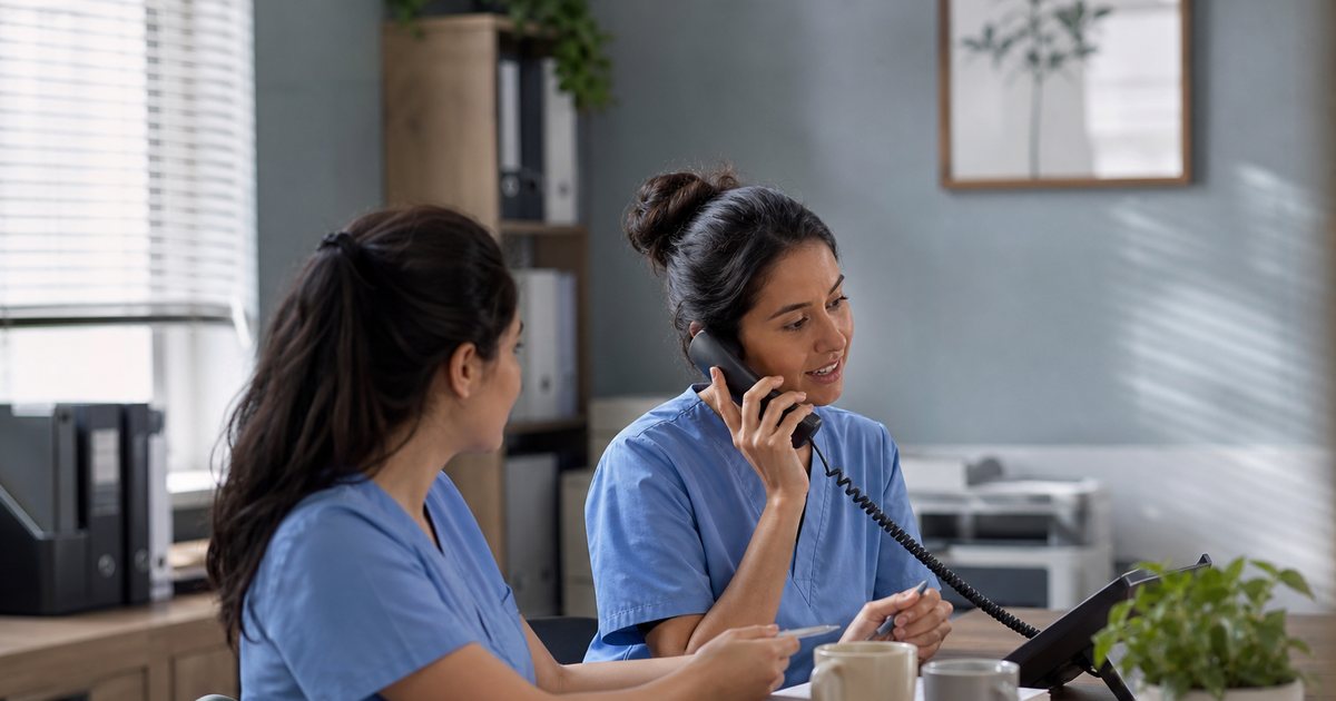 A small clinic back office in soft afternoon daylight, two staff members in light blue scrubs seated at a wooden desk, one holding a telephone handset, coffee mugs and a potted plant on the desk, window blinds casting soft stripes across the wall