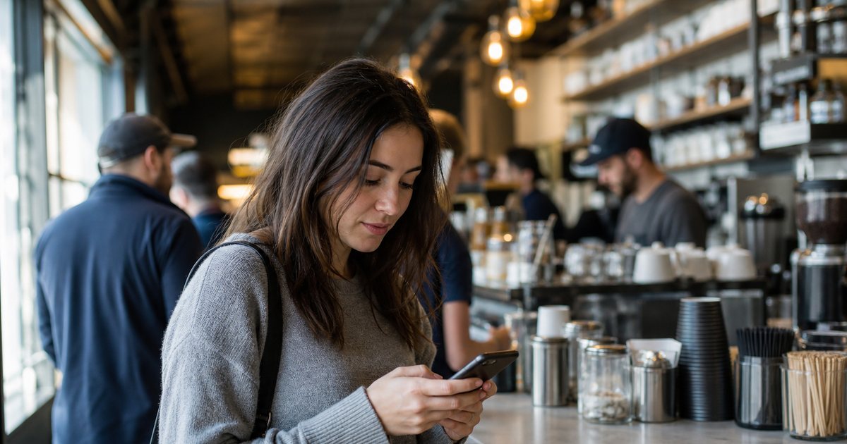 A young woman glancing at her phone while waiting for coffee at a busy morning cafe counter, warm daylight, candid