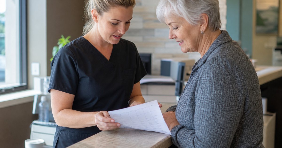 A dental hygienist in scrubs reviewing a paper appointment calendar with an older patient at a bright clinic front desk, natural window light