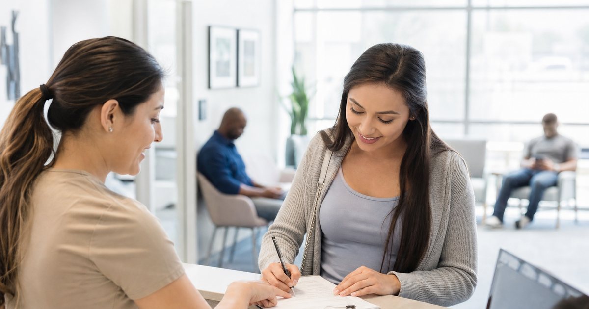 A patient filling out an intake clipboard form at a clinic reception desk while a receptionist points at a line, bright waiting room