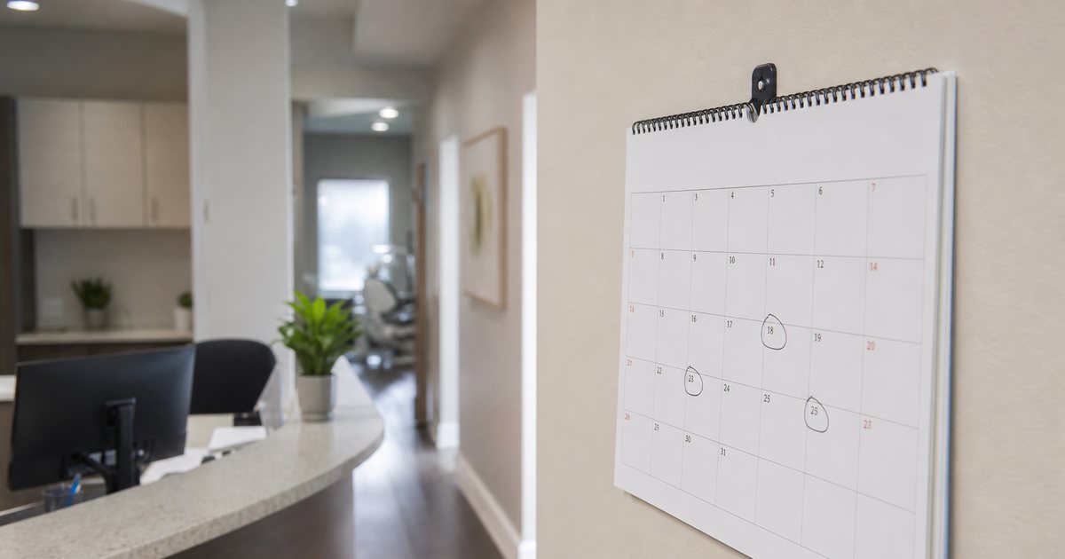 A wall calendar with a few days circled in pen hanging beside a reception desk in a small dental office, natural light
