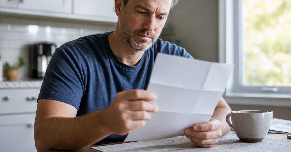 A middle-aged man sitting at a kitchen table reading a letter from his dentist, morning light through a window, coffee mug nearby