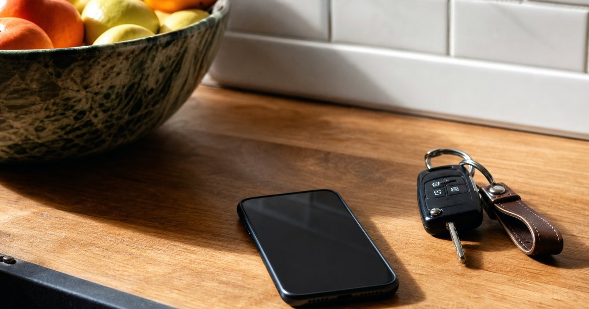 A smartphone lying face up on a wooden kitchen counter next to car keys and a fruit bowl, no screen content visible, soft afternoon light