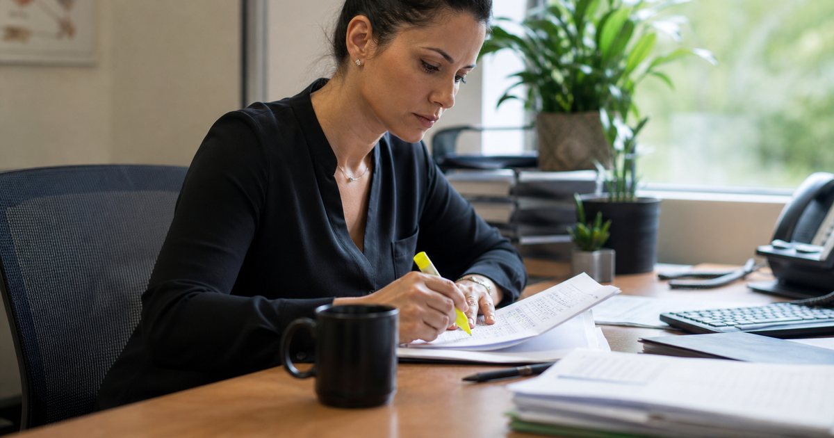 An office manager at a small clinic reviewing printed sheets with a highlighter at a desk beside a window, plants and a coffee cup nearby